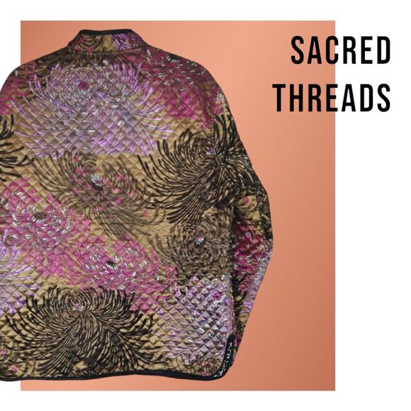 Y2K Boho Chic Sacred Threads Floral Quilted Satin Reversible Jacket Size Medium - Picture 3 of 8
